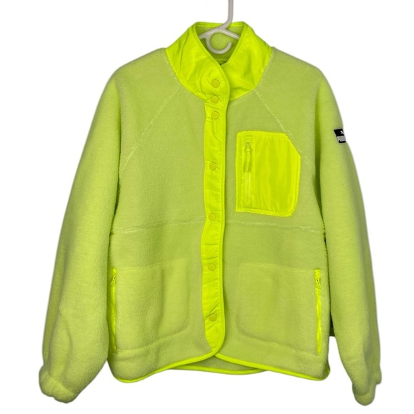 NWT Puma Womens Sherpa Fleece Jacket Neon Green Sz Large L Snap Closure Gorpcore - Picture 1 of 12